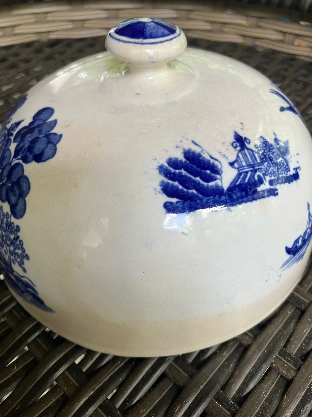 Antique Blue Willow Pagoda Butter Dish cover only stained no chips